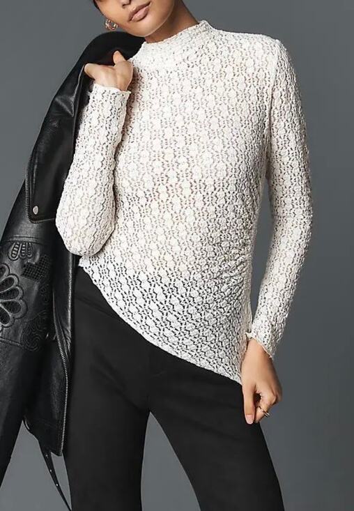 Anthropologie Tops - NWT Anthropologie Ivory Smocked Lace Sheer Mock Neck Long Sleeve Top Size M
